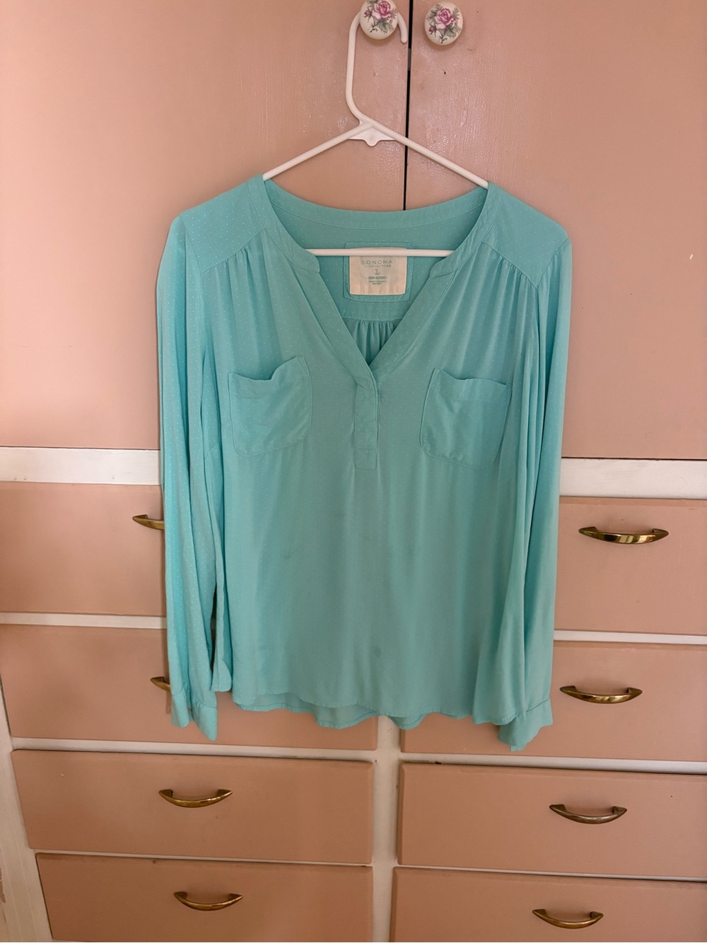 Sonoma Aqua Split Henley Blouse with Chest Pockets